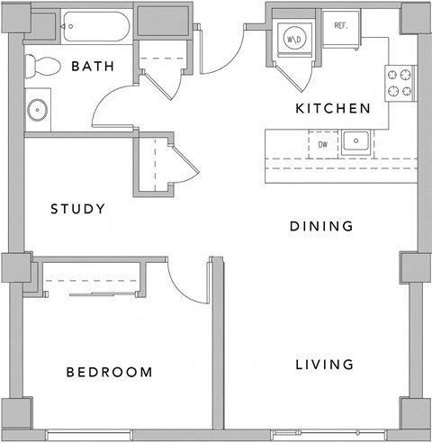 Floor plan for 1 bed, 1 bath, 846 sqft